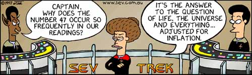 Sev Trek - cartoon spoofs of Star Trek. Copyright 1997 by John Cook.